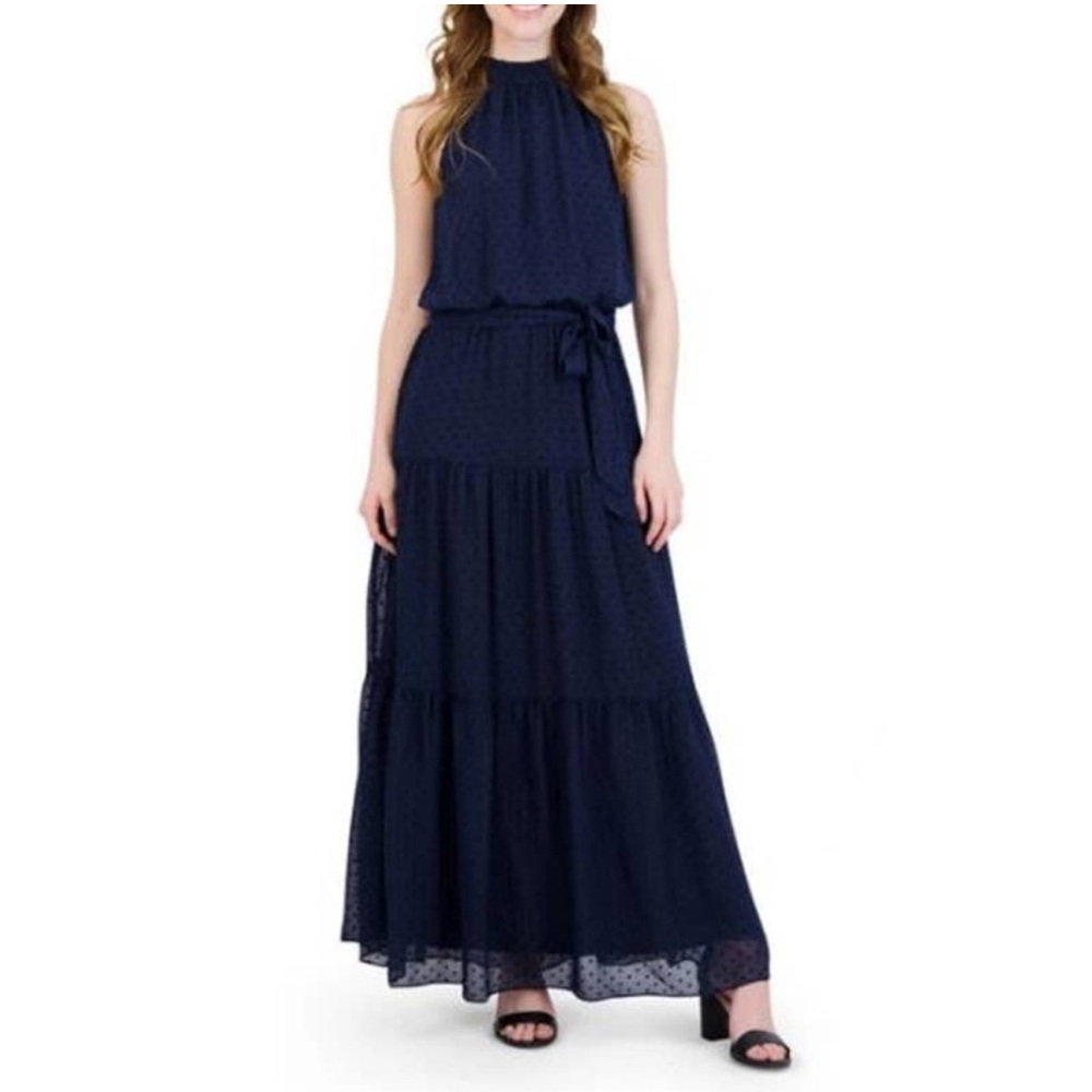 Julia Jordan Navy Blue Mock Neck Three Tier sleeveless Maxi Dress size 8